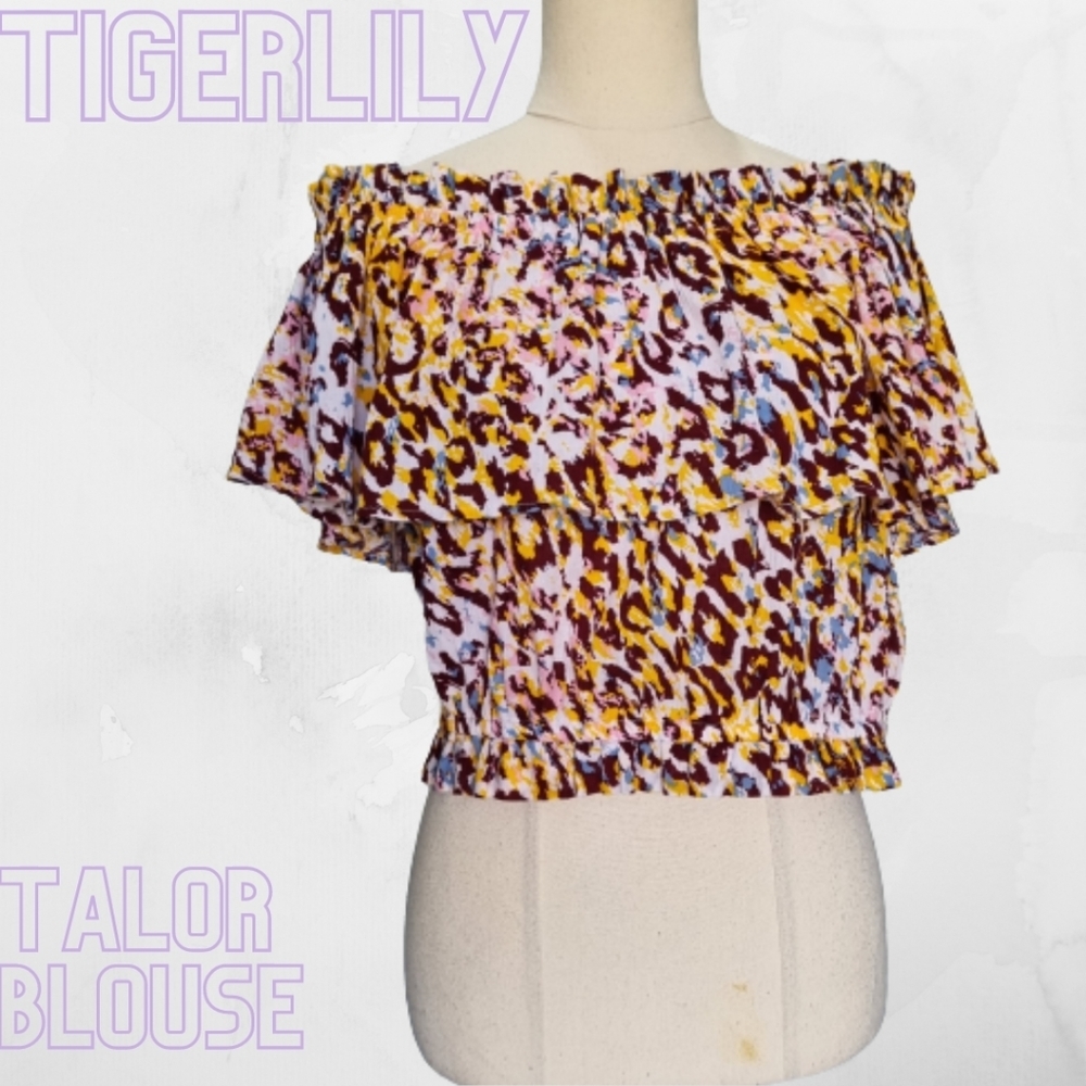 Tigerlily Talor Multicolour Leopard Print Off The Shoulder Peasant Top Size L XL - Picture 1 of 9